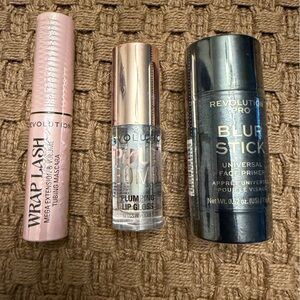 Revolution Wrap Lash Mascara, Pout Bomb Lip Gloss, and Blur Stick Set